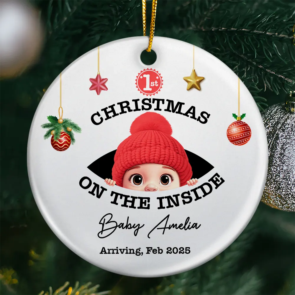 New baby, Christmas, Expecting Dad, Pregnant Mom, Happy - Baby's First Christmas On The Inside - Personalized Circle Ceramic Ornament