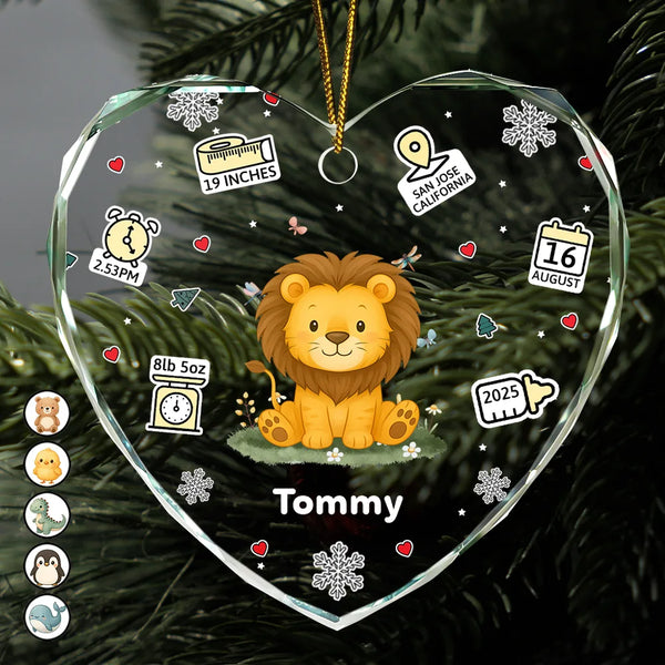 Christmas,New baby,Happy - Baby's First Stats With Cute Animal - Personalized Heart Shaped Glass Ornament