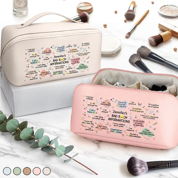 Gift For Yourself, Gift For Women, Happy - Bad Bi*ch Affirmation - Personalized Leather Makeup Bag