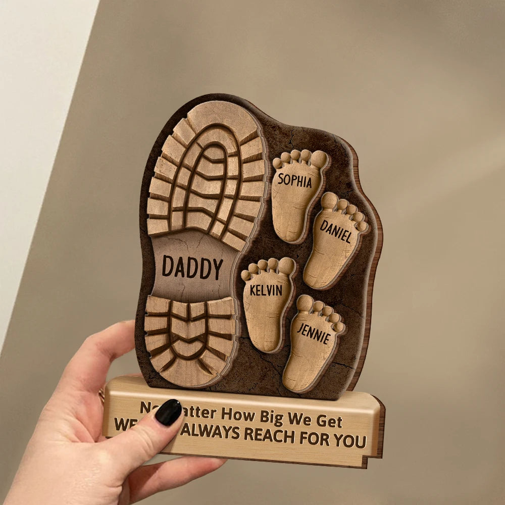 Dad And Kids Footsteps No Matter How Big We Get - Personalized Custom Shaped 2-Layered Wooden Plaque