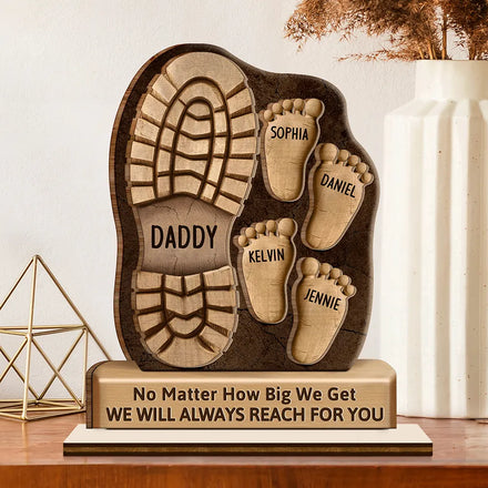 Dad And Kids Footsteps No Matter How Big We Get - Personalized Custom Shaped 2-Layered Wooden Plaque