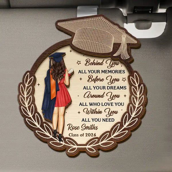 Graduation,Gift For Daughter,Gift For Son,Gift For Grandkids,Happy - Behind You All Your Memories - Personalized Custom Shaped Car Visor Clip