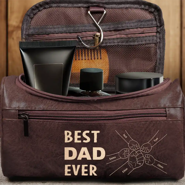 Gift For Yourself,Gift For Men,Gift For Grandpa,Gift For Father,Dad,Children - Best Dad Ever Fist Bump - Personalized Leather Toiletry Bag