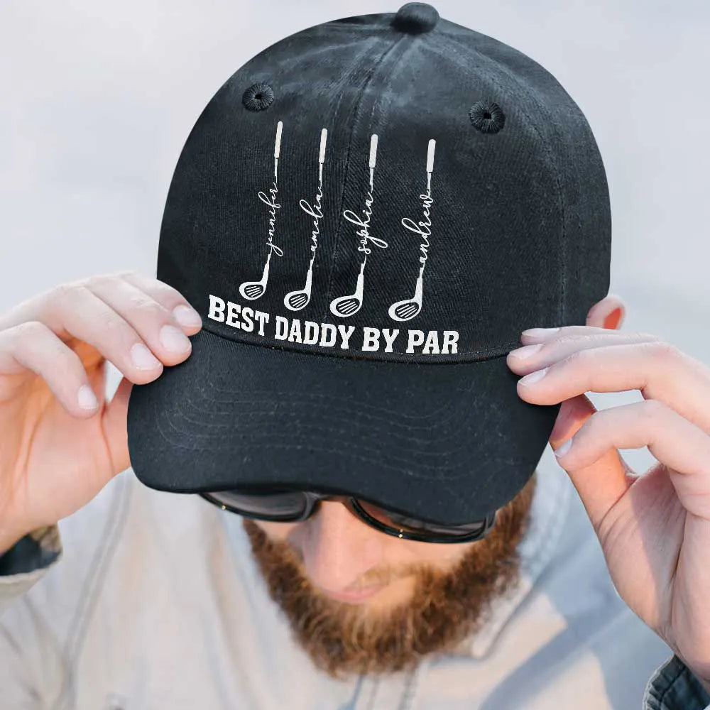 Gift For Grandpa,Gift For Father,Golf,Non-Eng,Icon,Proud - Best Dad Grandpa By Par Golf Clubs - Personalized Vintage Washed Denim Cap