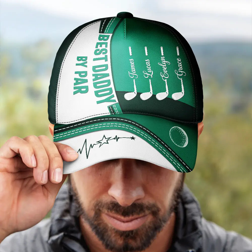 Gift For Father,Gift For Grandpa,Dad's Hobby,Golf,Non-Eng,Custom Text,Confident - Best Dad Papa By Par Golf Faux Leather Effect - Personalized Classic Cap