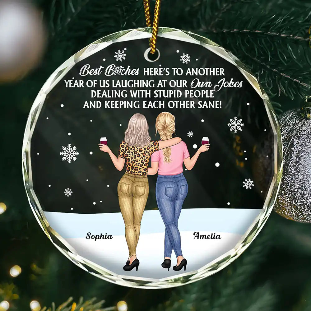 Gift For Bestie, Old Best friends, Gift For Sisters, Happy, Christmas - Best Friends Here's To Another Year Of Us - Personalized Circle Glass Ornament