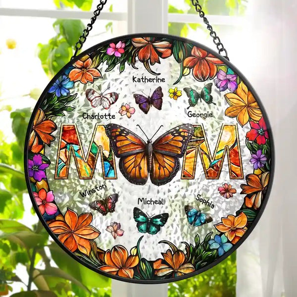Gift For Mother -Birth Butterfly We Love You Mom - Personalized Stained Glass Window Hanging Suncatcher