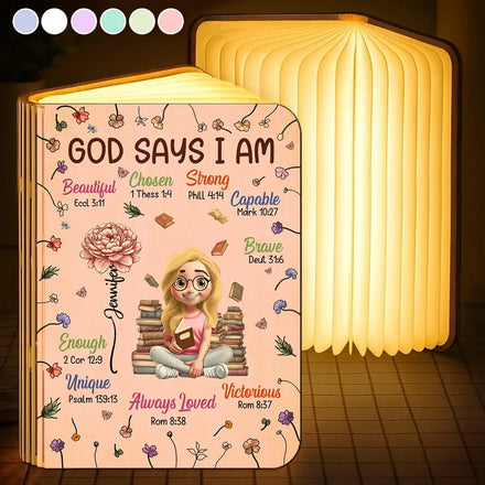 Birth Flower Bible Verse God Says I Am - Personalized Book Lamp