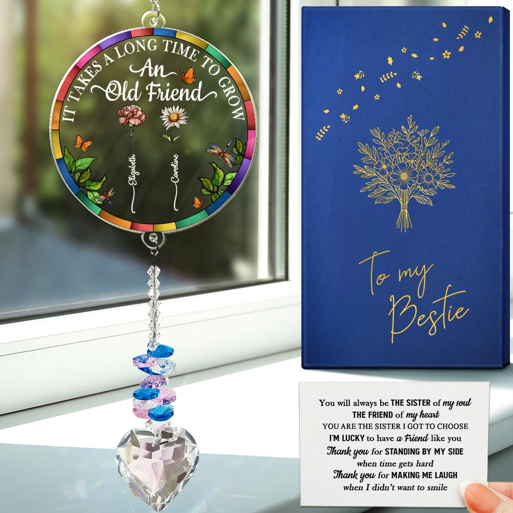 Gift For Bestie,Gift For Sisters,Love - Birth Flower Grow An Old Friend To My Bestie - Personalized Heart Crystal Suncatcher