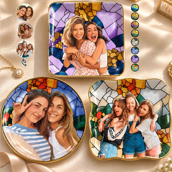 Afro Besties, Art Design, Christmas, Custom Photo, Gift For Bestie, Photo - Stained Glass, Sentimental, Top Market - Birthday Gift For Bestie - Personalized Custom Photo Stained Glass Effect Ring Dish