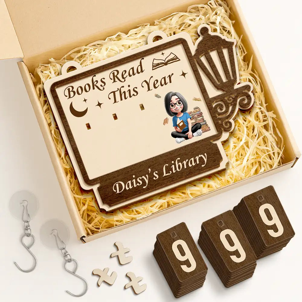 Reading, Gift For Yourself, Gift For Women, Happy - Books Read This Year 3D Effect Reading Girl - Personalized Hanging Tracker Sign