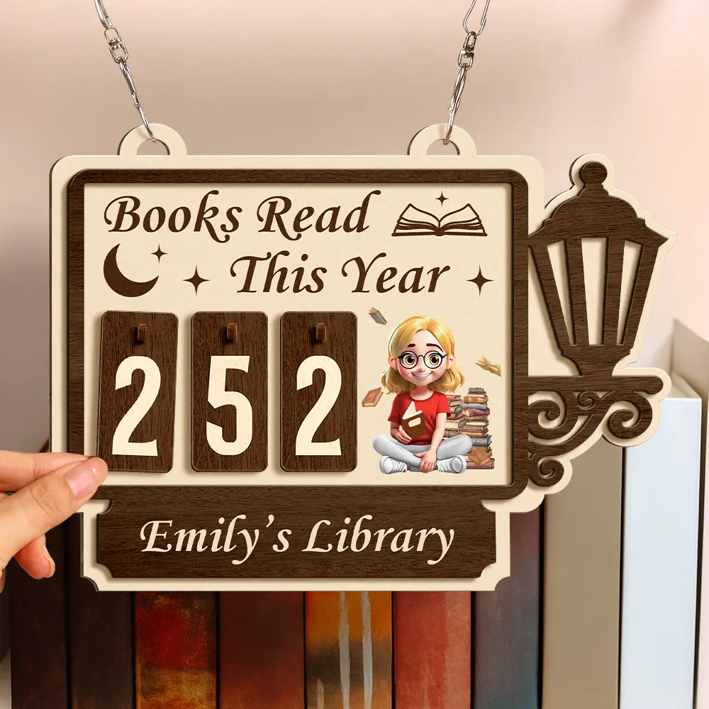 Reading, Gift For Yourself, Gift For Women, Happy - Books Read This Year 3D Effect Reading Girl - Personalized Hanging Tracker Sign