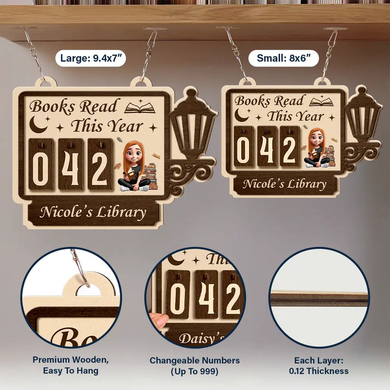 Books Read This Year 3D Effect Reading Girl - Personalized Hanging Tracker Sign