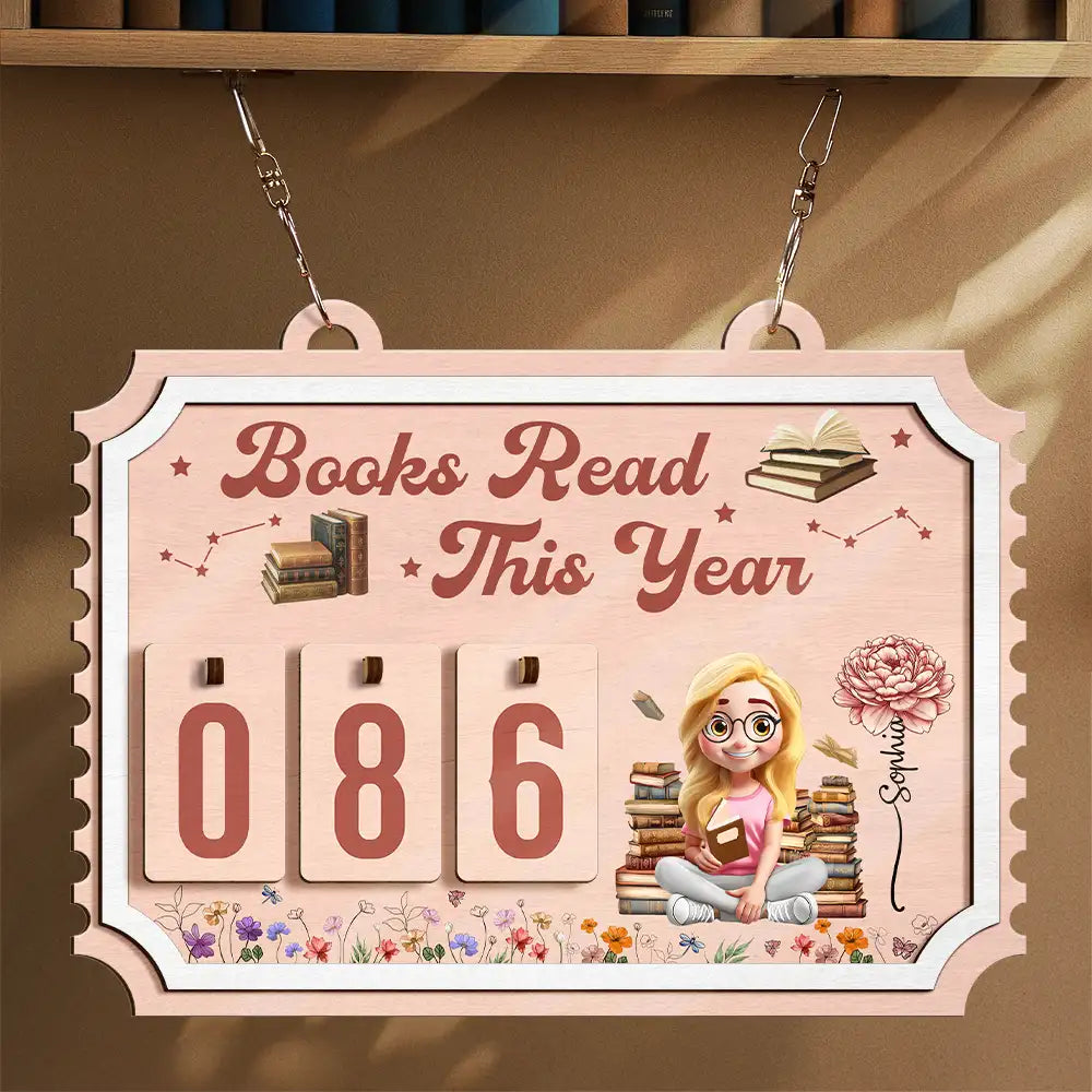 Books Read This Year Reading Girl With Birth Month Flower - Personalized Hanging Tracker Sign