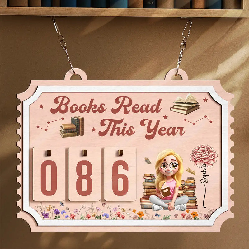Reading,Gift For Yourself,Gift For Women,Happy - Books Read This Year Reading Girl With Birth Month Flower - Personalized Hanging Tracker Sign
