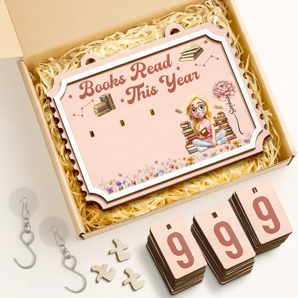 Reading,Gift For Yourself,Gift For Women,Happy - Books Read This Year Reading Girl With Birth Month Flower - Personalized Hanging Tracker Sign