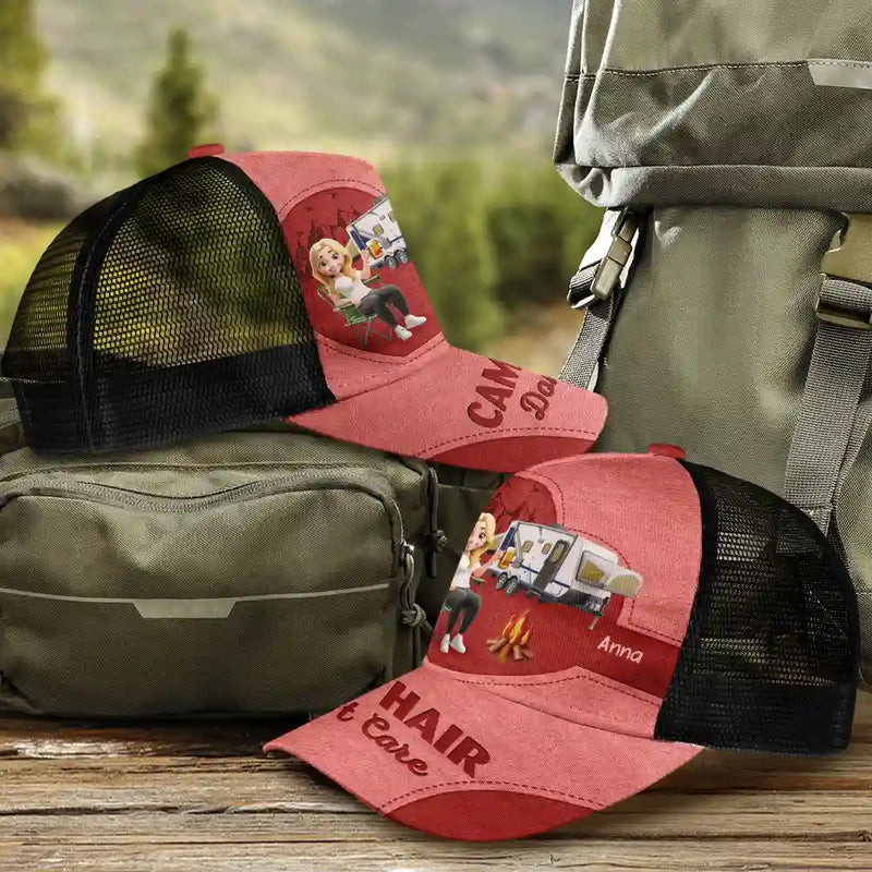 Camping,Campsite,Gift For Yourself,Gift For Women,Gift For Wife,Gift For Mother,Gift For Girlfriend,Happy,Gift For Men - Camp Hair Don't Care Camping - Personalized Mesh-back Casual Cap