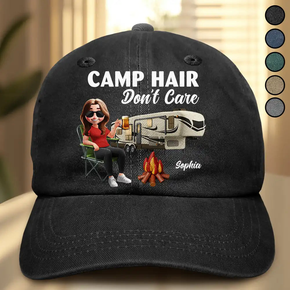 Camp Hair Don't Care Camping - Personalized Vintage Washed Denim Cap