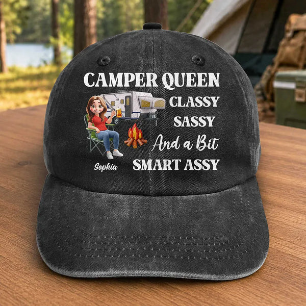 Camping, Happy, Gift For Women, Gift For Yourself - Camper Queen Classy Sassy - Personalized Vintage Washed Denim Cap