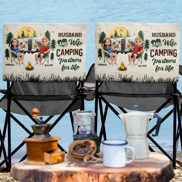 Gift For Couples, Gift For Husband, Gift For Wife, Gift For Men, Gift For Women, Camping, Happy, Summer - Camping Couple Husband And Wife Camping Partners For Life - Personalized Folding Chair Cover