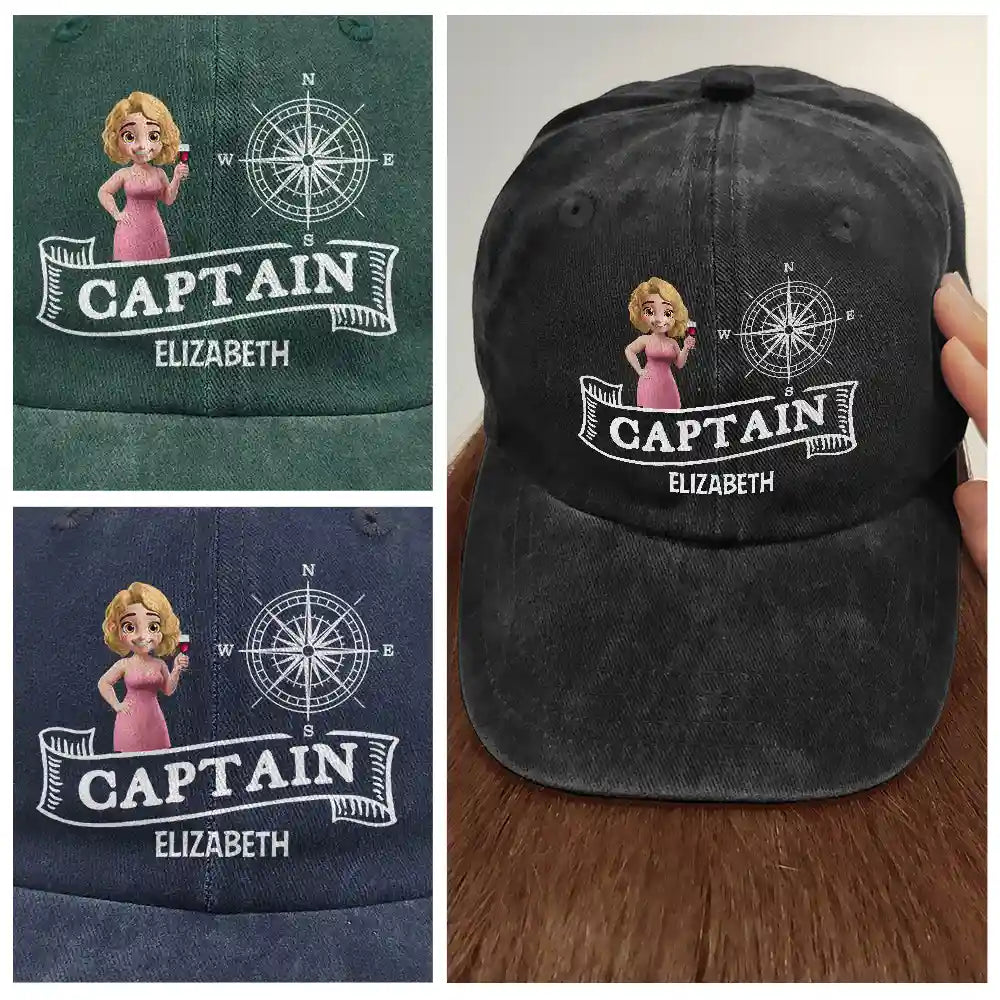 Gift For Boyfriend,Gift For Husband,Gift For Yourself,Happy,Gift For Men,Gift For Wife,Gift For Girlfriend,Gift For Women - Captain Boating - Personalized Vintage Washed Denim Cap