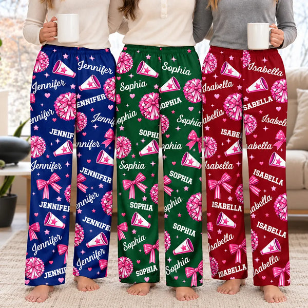 Christmas,Gift For Women,Gift For Yourself,Gifts For Her,Happy,Icon - Cheer Gift For Teen Girls - Personalized Name Pink Bow Megaphone Pajama Pants