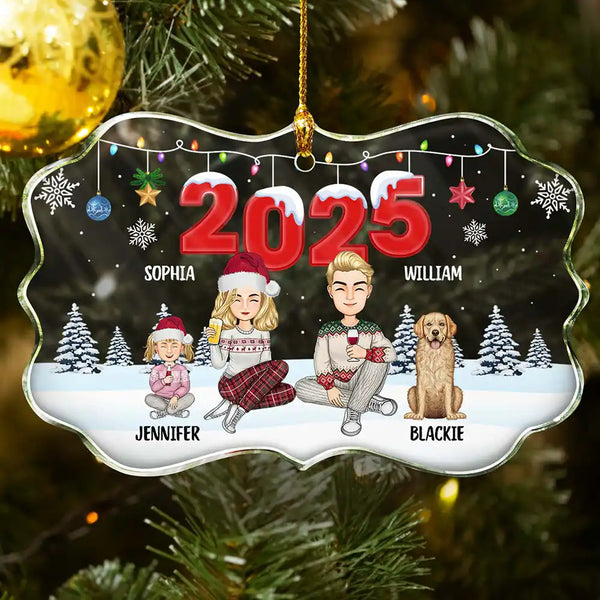 Christmas,Family,Dog Lovers,Cat Lovers,Pet Lovers,Parents,Happy - Christmas Cartoon Family Dog Cat - Personalized Medallion Glass Ornament