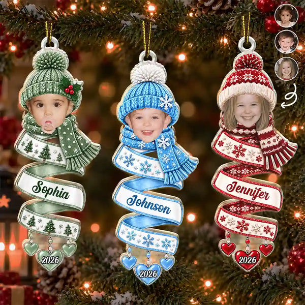 Christmas,Custom Photo,Cut-Face Photo,Gift For Grandma,Gifts For Her,Playful - Christmas Gift For Kids Baby - Personalized Custom Photo & Name Snowman Spiral Acrylic Ornament