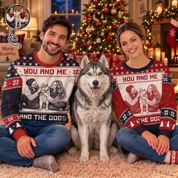 Art Design,Christmas,Custom Photo,Gift For Couples,Pet Couple,Pet Lovers,Photo - Knit-Style Line Art,Romantic - Christmas Gift For Pet Couples - Personalized Custom Photo You And Me And The Dogs Unisex Ugly Sweater