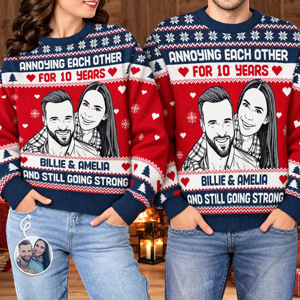 Art Design, Christmas, Custom Photo, Gift For Couples, Old Couples, Photo - Knit-Style Line Art, Romantic - Christmas Gift For Couples - Personalized Custom Photo Annoying Each Other For Many Years Unisex Ugly Sweater