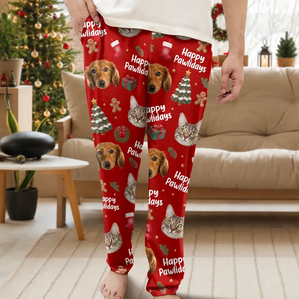 Christmas,Custom Photo,Cut-Face Photo,Pet Lovers,Playful - Christmas Pet Dog Cat Lovers Family - Personalized Custom Photo Merry Woofmas Pajama Pants