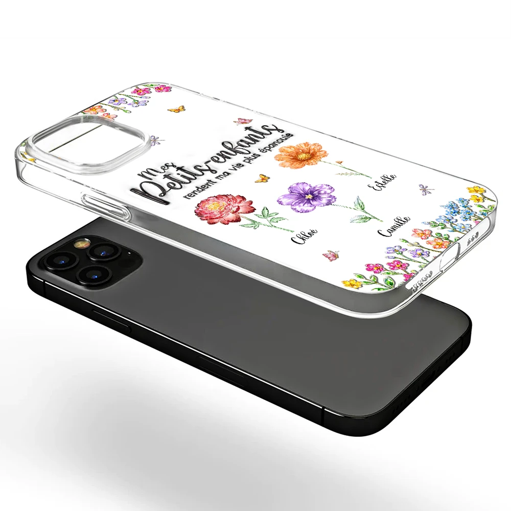 Gift For Wife,Gift For Yourself,Gift For Women,Gift For Mother,Gift For Grandma,Love,French - Fleurs De Naissance Mes Petits-Enfants - Impression Effet 3D Gonflé - Coque Transparente Personnalisée
