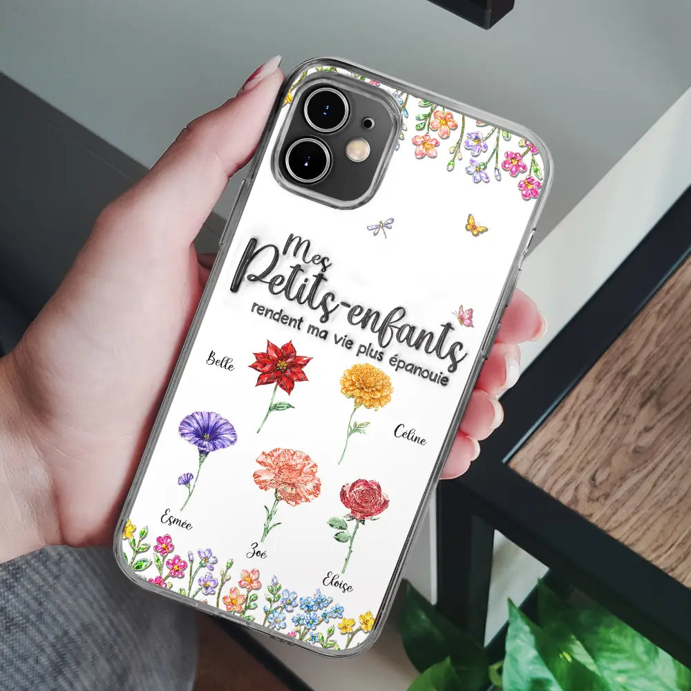 Gift For Wife,Gift For Yourself,Gift For Women,Gift For Mother,Gift For Grandma,Love,French - Fleurs De Naissance Mes Petits-Enfants - Impression Effet 3D Gonflé - Coque Transparente Personnalisée