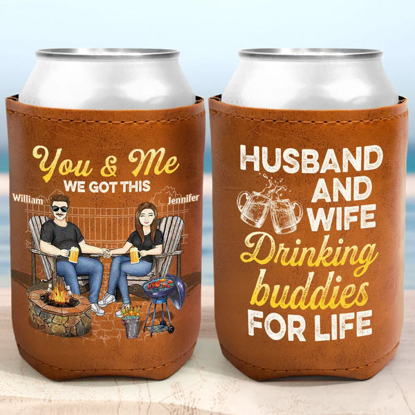 Gift For Couples,Gift For Husband,Gift For Wife,Gift For Boyfriend,Gift For Girlfriend,Happy - Couple Grilling Drinking Husband And Wife Drinking Buddies For Life - Personalized Leather Can Cooler