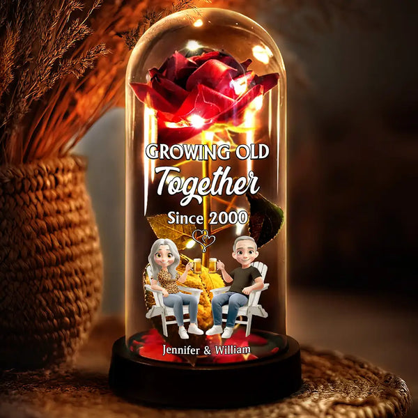 Gift For Couples, Old Couples, Gift For Husband, Gift For Wife, Happy - Couple Growing Old Together Since - Personalized Everlasting Rose Dome Lamp