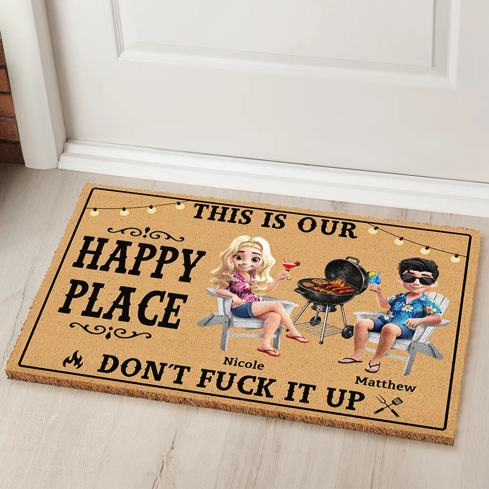 Humorous,Summer,Gift For Couples,Vector - Couple Summer This Is Our Happy Place - Personalized Coconut Doormat