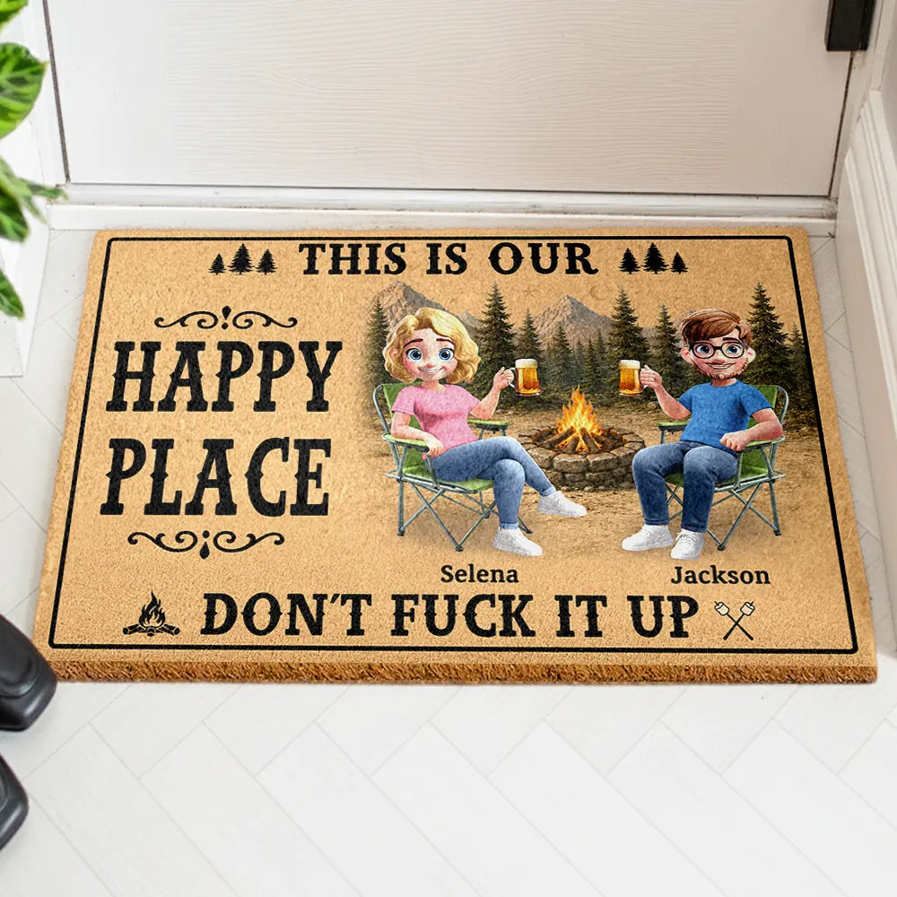Humorous,Summer,Gift For Couples,Vector - Couple Summer This Is Our Happy Place - Personalized Coconut Doormat