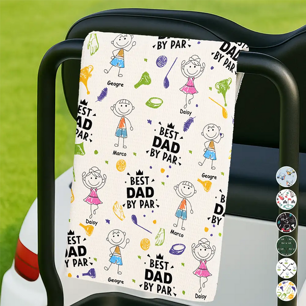 Gift For Father,Gift For Grandpa,Funny,Dad's Hobby,Grandpa's Hobby,Golf,Non-Eng,Icon - Crayon Kids Doodle Child Drawing Best Dad Grandad By Par - Personalized Golf Towel