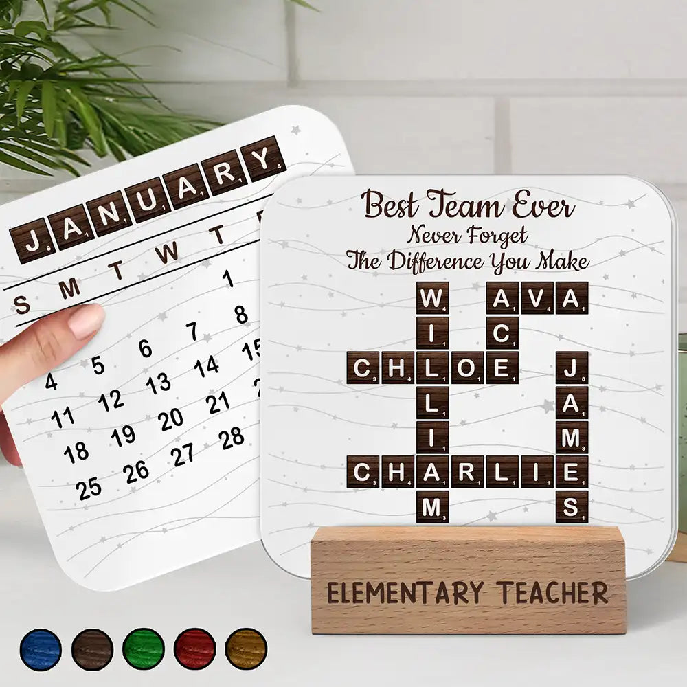 Gifts For Colleagues,Happy - Crossword Best Team Ever - Personalized Calendar With Wooden Stand