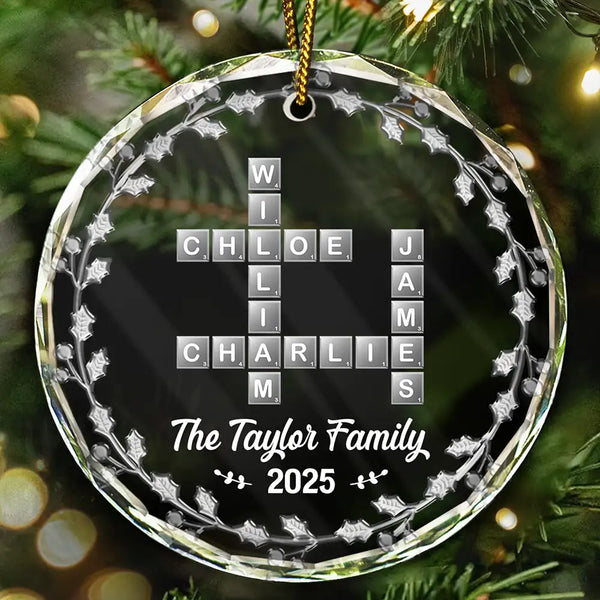 Gift For Couples, Gift For Husband, Gift For Wife, Parents, Gift For Mother, Gift For Grandpa, Gift For Father, Gift For Grandma, Family, Love, Christmas - Crossword Scrabble Family Name - 3D Silver Effect Printed, Personalized Circle Glass Ornament