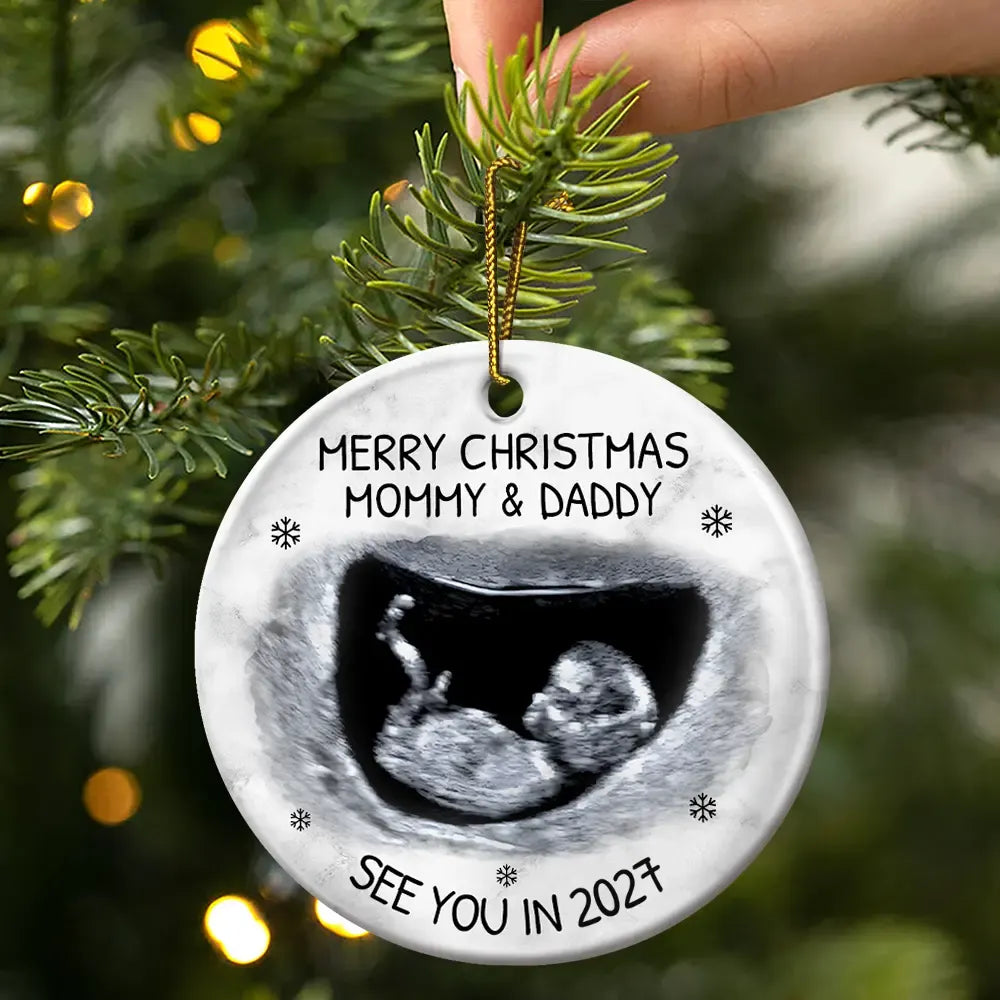 Custom Photo Baby Expecting See You In 2027 - Personalized Circle Ceramic Ornament