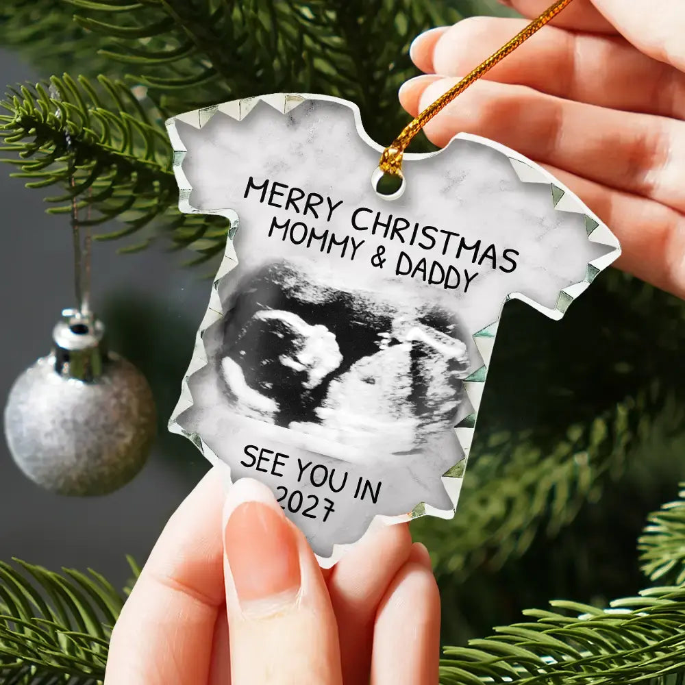 Custom Photo Baby Expecting See You In 2027 - Personalized Onesie Shaped Glass Ornament