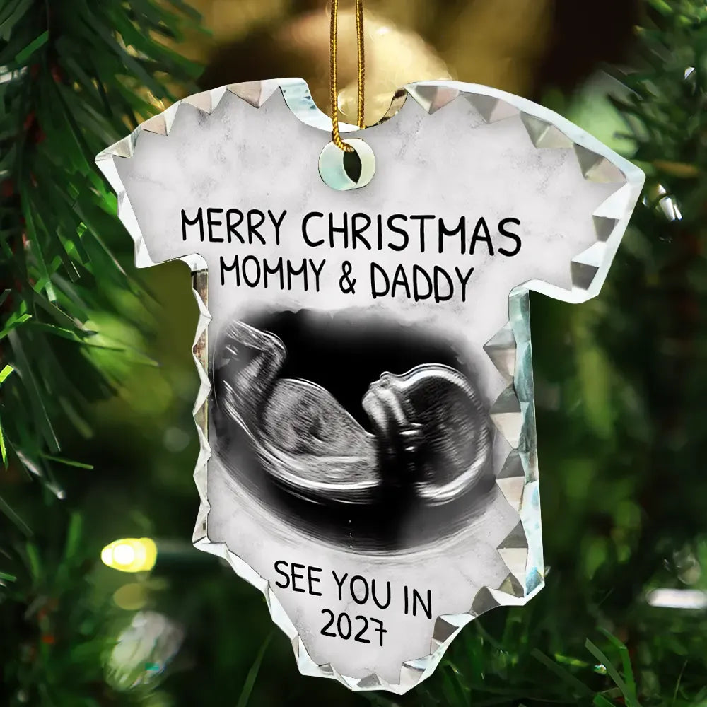 Custom Photo Baby Expecting See You In 2027 - Personalized Onesie Shaped Glass Ornament