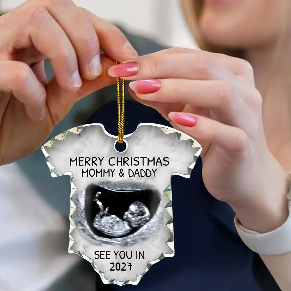 Custom Photo Baby Expecting See You In 2027 - Personalized Onesie Shaped Glass Ornament