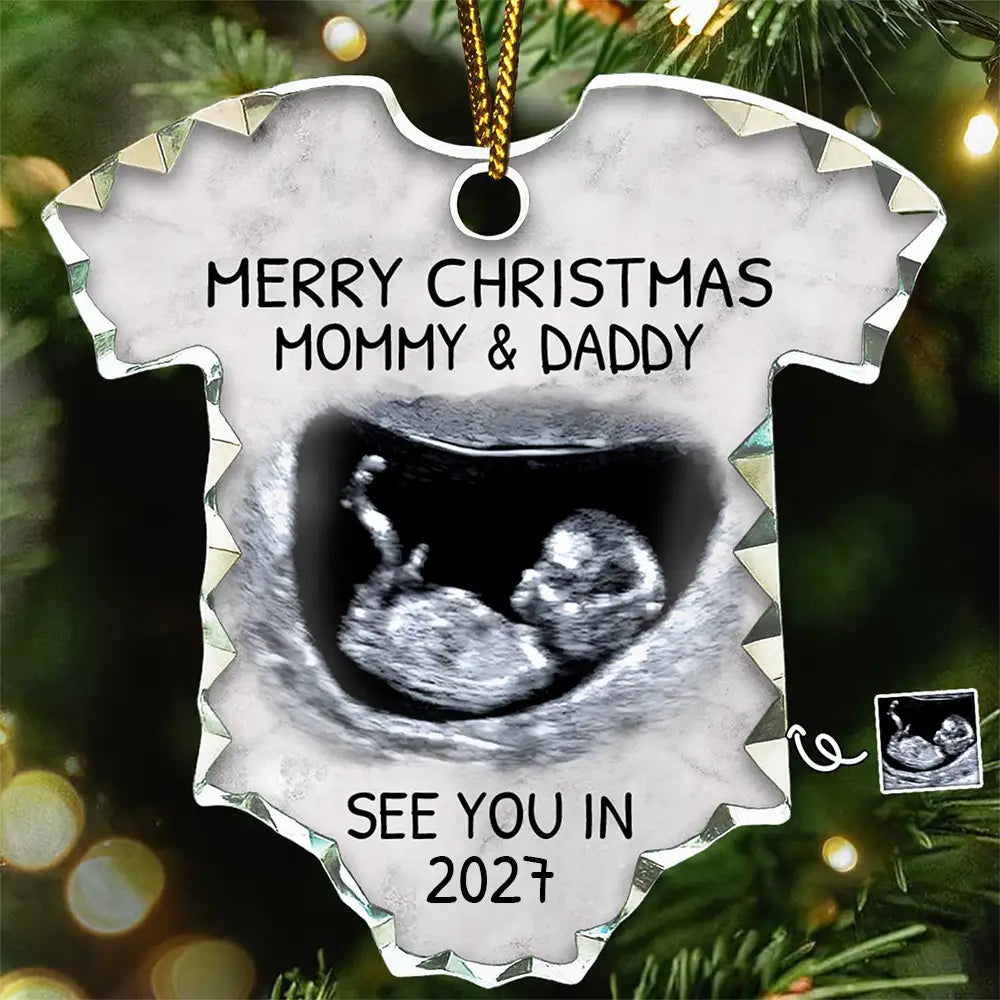 Custom Photo Baby Expecting See You In 2027 - Personalized Onesie Shaped Glass Ornament