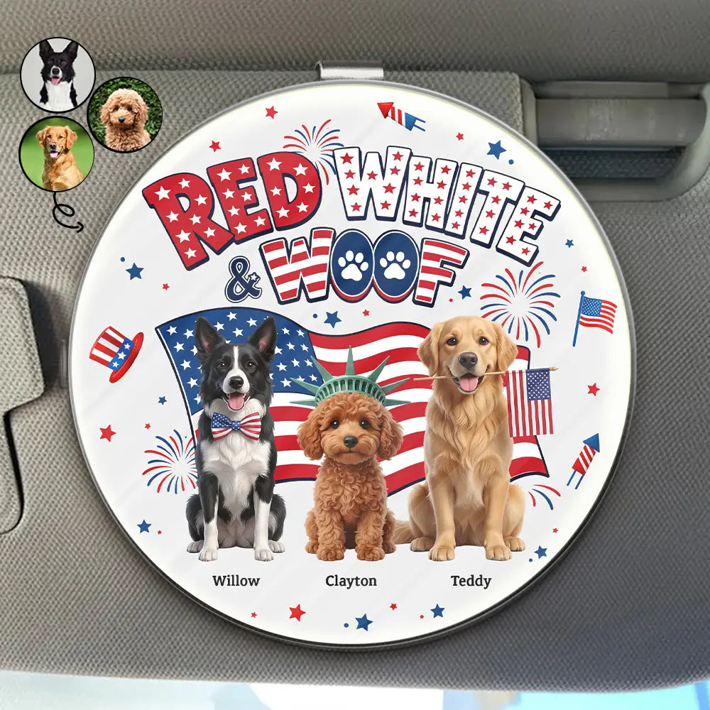 America 250th, Custom Photo, Independence Day, Art Design, Pet Lovers, Playful, Photo - US Theme Accessories 3D Cartoon - Custom Photo 3D Cartoon With US Accessories Red White Woof - Personalized Custom Shaped Acrylic Car Visor Clip