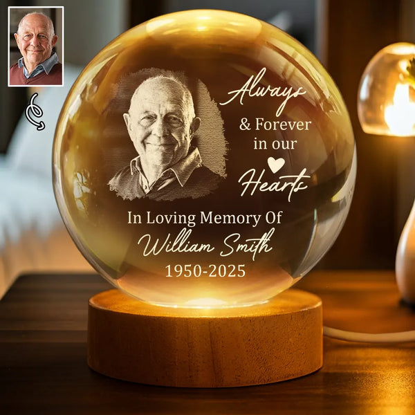 Memorial,Family,Parents,Gift For Grandparents,Sad - Custom Photo Always And Forever In Our Hearts - Personalized Crystal Globe Lamp