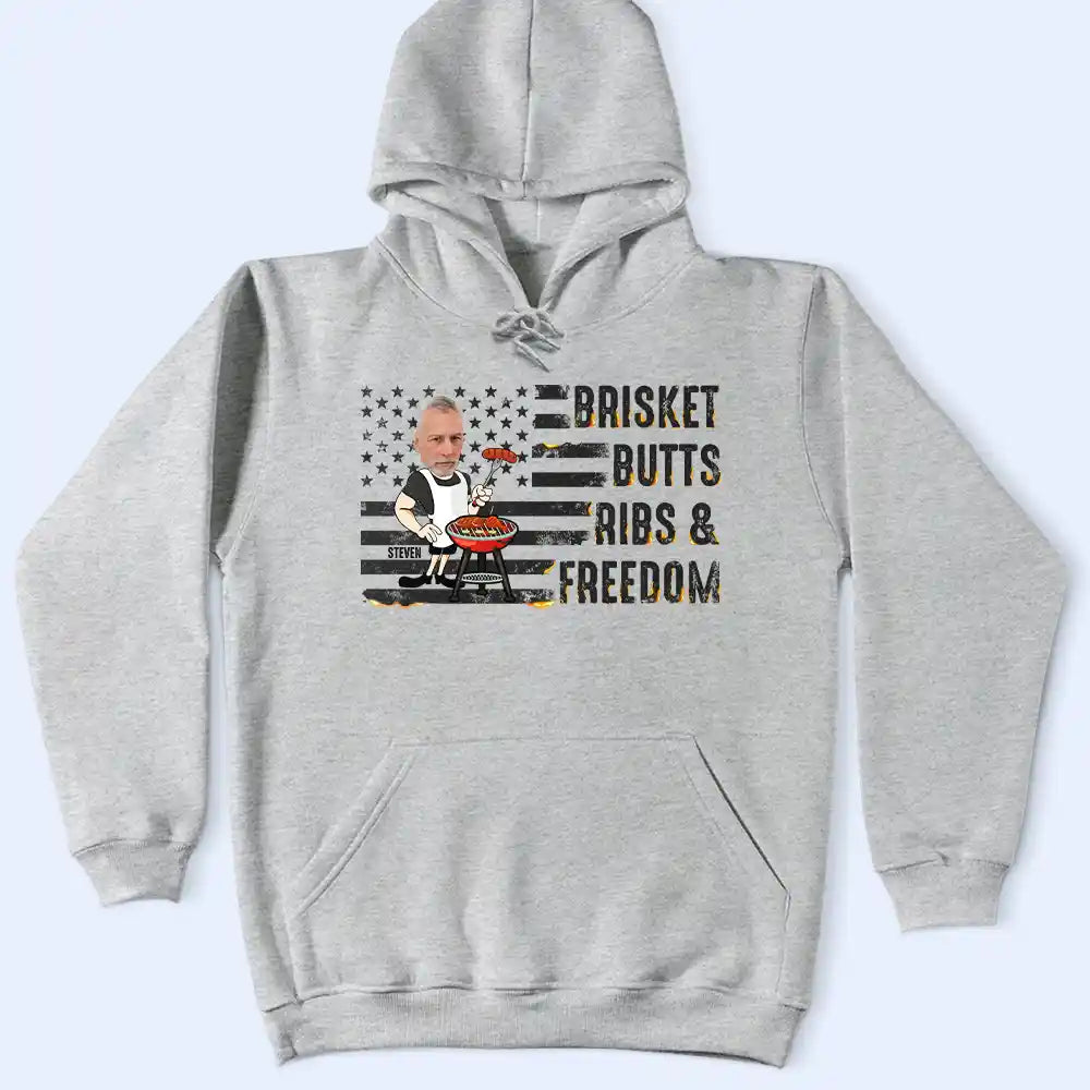 Gift For Yourself,Gift For Men,Gift For Husband,Gift For Boyfriend,Grandpa's Hobby,Gift For Father,Gift For Grandpa,Dad's Hobby,Grilling,Independence Day,Happy,Photo,Icon,Humorous - Custom Photo American Flag Brisket Butts Ribs Freedom - Personalized T Shirt