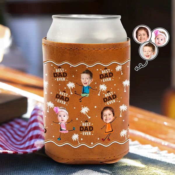 Gift For Father,Gift For Grandpa - Custom Photo Best Dad Grandpa Ever - Personalized Leather Can Cooler