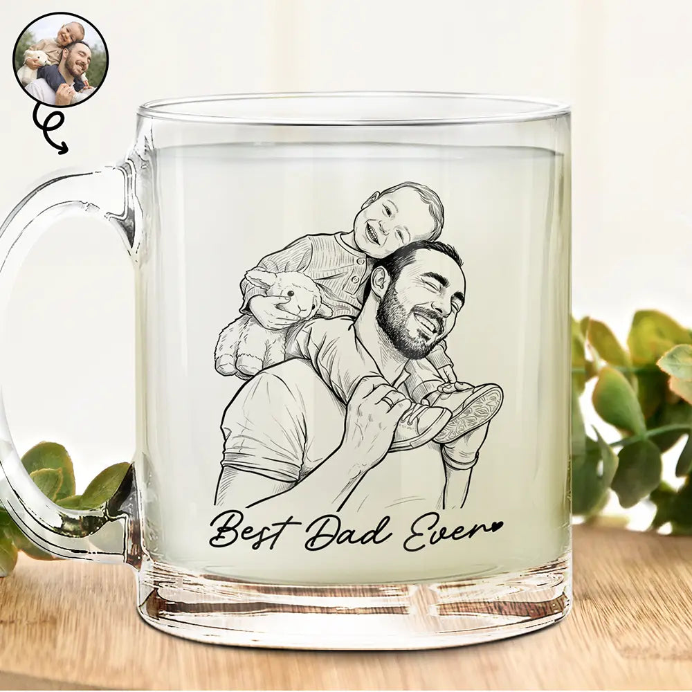 Gift For Father,Gift For Grandpa,Non-Eng,Photo - Pencil Sketch (Bold),Proud - Custom Photo Bold Sketch Best Dad Grandpa Ever Family Portrait - Personalized Glass Mug